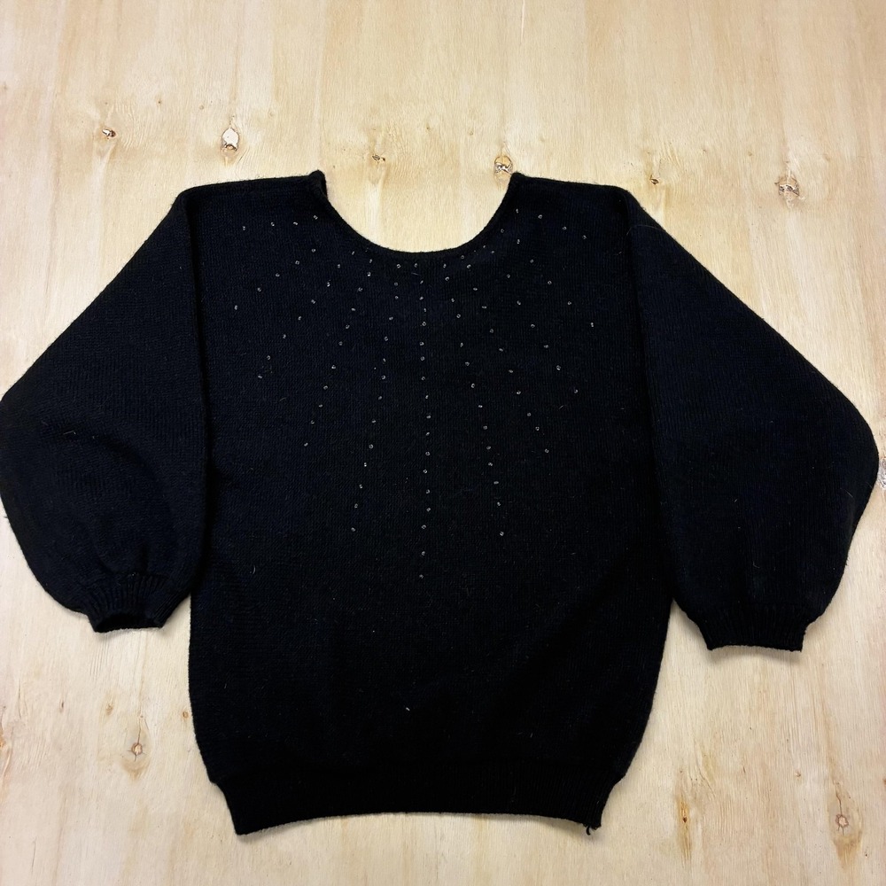 Vintage Donagain Beaded Sweater Womens Small Black Round Dolman Knit Pullover